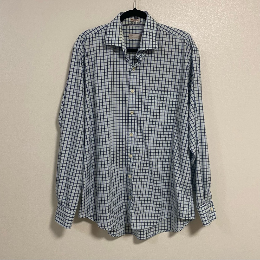 Peter Millar Shirt men’s size XL Blue Window Pane Plaid Dress button up Shirt
